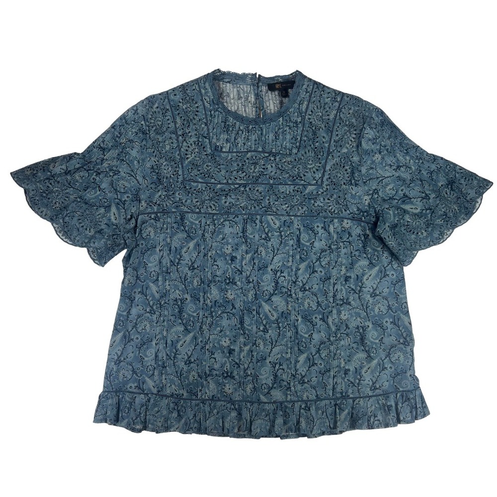 Frye Blue Floral Eyelet Peplum Boho Blouse Women's Medium‎ Cotton Top